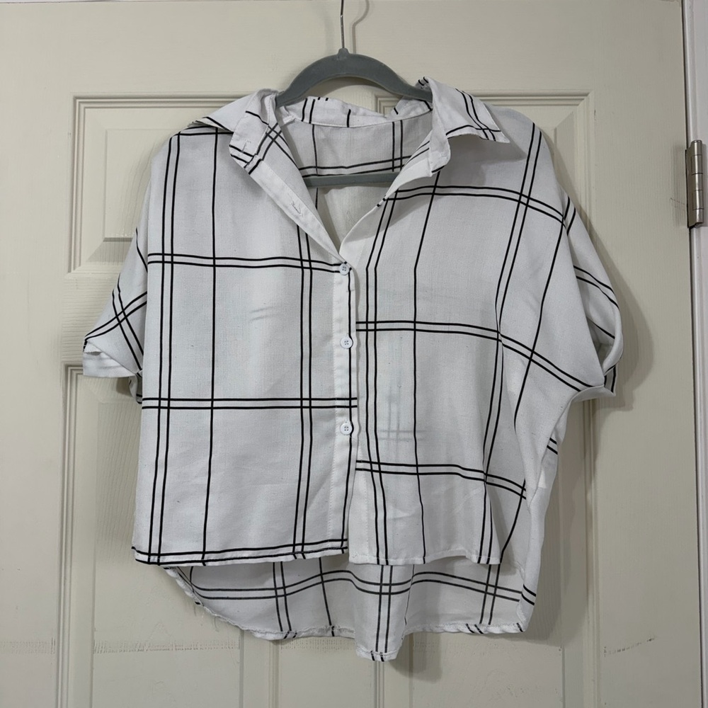 White Button-Up Plaid Cropped Shirt
